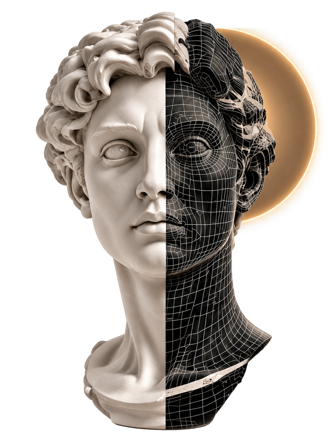 Michelangelo David bust sculpture half 3D printed stone and half digital wireframe mesh